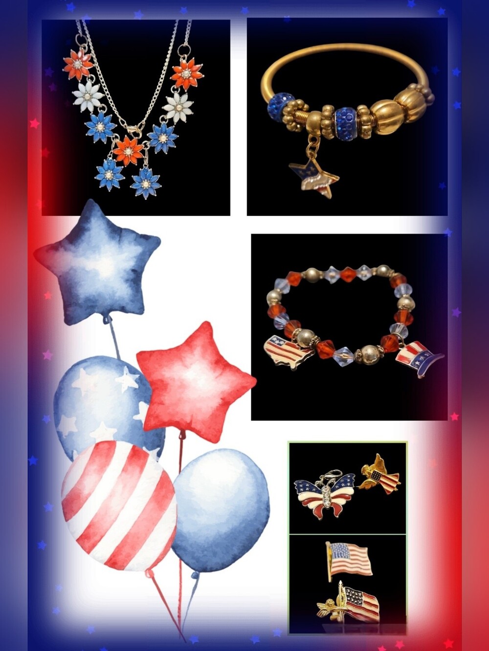 Red White Blue Gold Tone Silver Tone Necklace Bracelets Brooches Charm